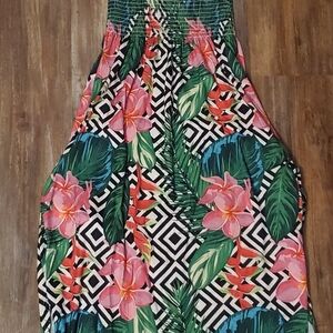 Maxi Dress with Pink and Green Tropical Design